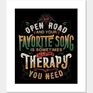 Road Trip Music Therapy - Adventure Typography Travel Quote Gift Posters and Art